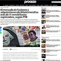 El mercado de fusiones y adquisiciones de Mxico totaliza ms de 11 mmdd hasta septiembre, segn TTR